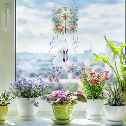 DIY Wind Chime Pendant Spring 3D Diamond Art Painting Hanging Ornament Double Sided Diamond Suncatchers for Window Home Backyard Garden Wall Door Decor-Dragonfly