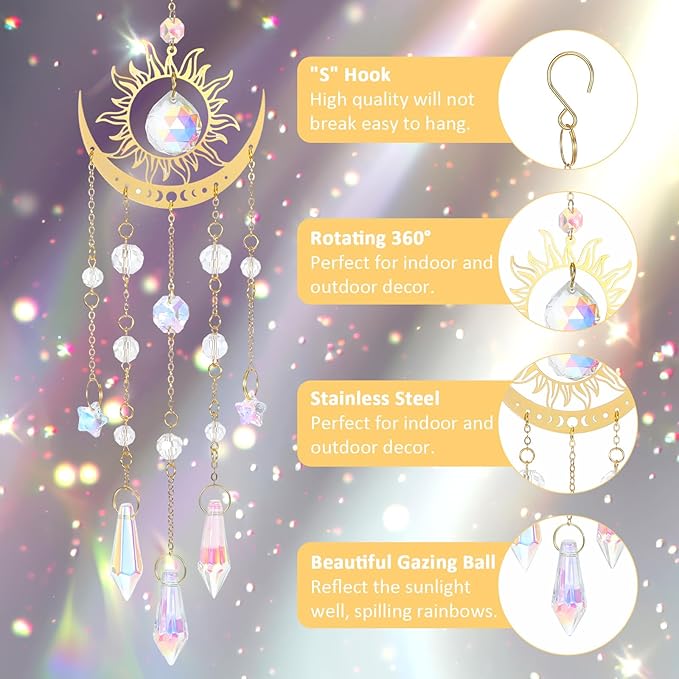 Tyqour Crystal Suncatcher for Windows Hanging Crystal Wind Chime Style Sun Catchers Indoor Outdoor Prism Home Garden Decor for Thanks Giving Valentines's and Mother's Day