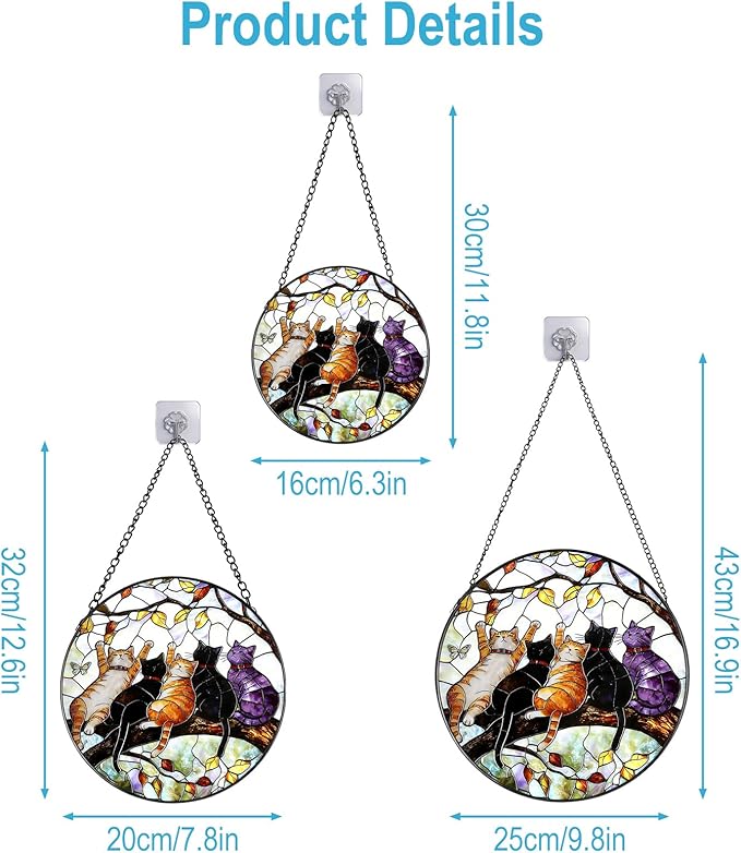 Stained Glass Window Hanging - 5 Happy Kittens on a Branch Suncatcher for Window Doors Home Decoration and Christmas, Mother's Day Birthday Gifts for Women Men Mom 9.8 * 9.8 inch