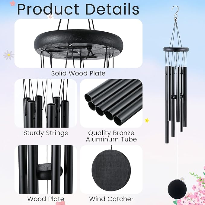 Yahenda 6 Pcs 28 Inch Rustic Wind Chimes for Outside Deep Tone Wind Chimes with 6 Aluminum Tubes Memorial Coolest Windchimes Outdoors for Farmhouse Garden Patio Home Decor (Blackwood, Black)