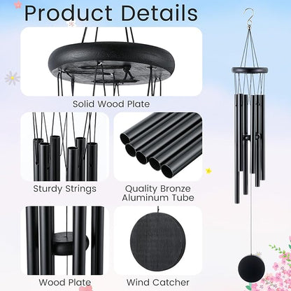 Yahenda 6 Pcs 28 Inch Rustic Wind Chimes for Outside Deep Tone Wind Chimes with 6 Aluminum Tubes Memorial Coolest Windchimes Outdoors for Farmhouse Garden Patio Home Decor (Blackwood, Black)