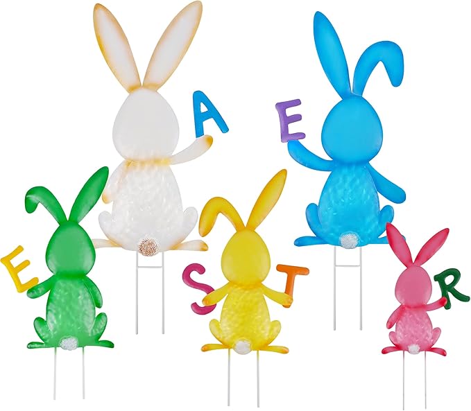 5 PCS Easter Garden Stakes Decoration, Metal Adorable Bunny Yard Signs Holding Easter Spelling Letters for Courtyard Spring Lawn Flowerbed Patio Holiday Outdoor Display