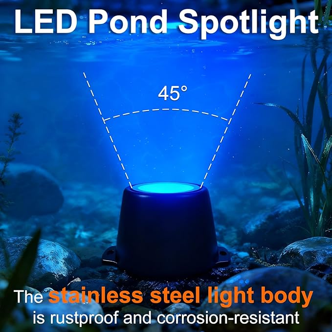 5W Submersible LED Pond Lights, Blue Color 12V Wired Low Voltage Outdoor Underwater Spot Lights for Pond Fountain Waterfall, 45° Beam Angle, IP68 Waterproof Stainless Steel, Black, 6PK