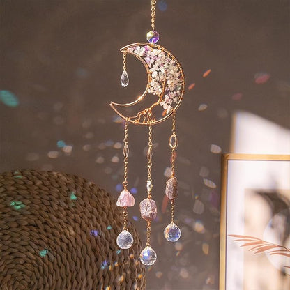 TUOKING Crystal Moon Suncatchers for Window Hanging Tree of Life Natural Healing Stones Wind Chimes Sun Catcher Rainbow Maker Good Luck Gifts Decor for Home Garden