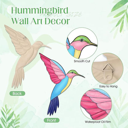 Seenelling 4 Pack Metal Hummingbird Wall Art Decor 3D Colorful Birds Outdoor Fence Decorations for Patio and Yard, Wall Sculpture Hanging Decor for Garden Living Room Balcony, Home Gift