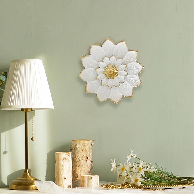 LIFFY 9.2“ White and Gold Metal Flower Wall Art, Modern Rustic Floral Decor for Indoor Living Room Bedroom Office Outdoor Garden Patio Yard