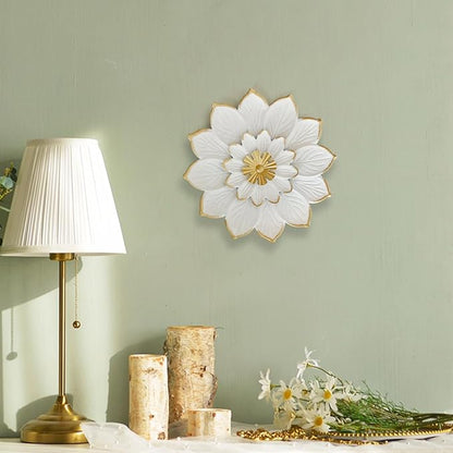 LIFFY 9.2“ White and Gold Metal Flower Wall Art, Modern Rustic Floral Decor for Indoor Living Room Bedroom Office Outdoor Garden Patio Yard