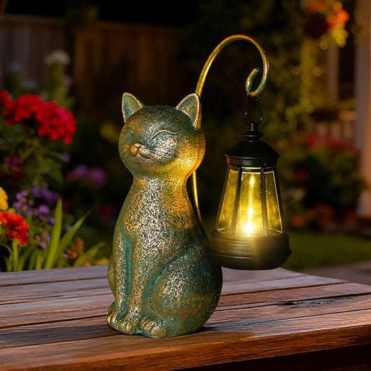 Solar Cat Garden Statue with Hanging Lantern – Waterproof Resin Outdoor Solar Cat Figurine, Decor for Yard, Patio, Balcony – Gift for Cat Lovers or Gardeners