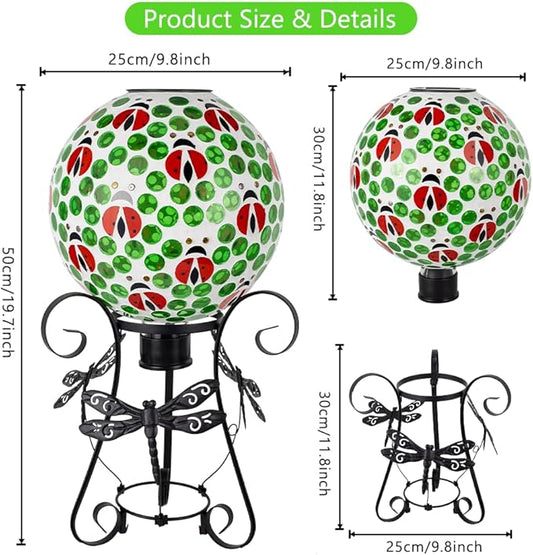 Stargarden Solar Gazing Ball, 10”Glass Gazing Globe, Mosaic Gazing Balls with Metal Ball Stand for Patio, Lawn, Garden Decor(Ladybug)