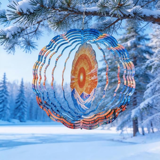 10x10 Sunrise Mountain Forest Spinning Wind Chime Pointillist Sun Snow Peak Crystal Chimes Outdoor Garden Wind Spinner Mother's Day Housewarming Gift