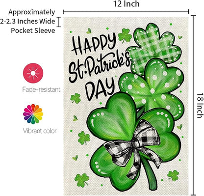 CROWNED BEAUTY St Patricks Day Garden Flag Shamrocks Clover 12x18 Inch Double Sided Green Holiday Decoration for Outdoor Lawn Yard CF1928-12