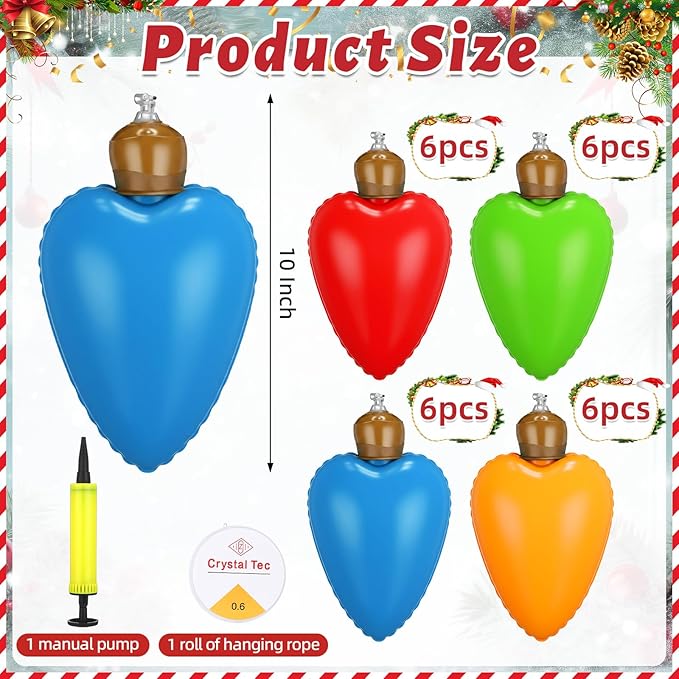 24 Pcs 10 Inch Inflatable Christmas Light Bulbs Ornaments Inflatable Christmas Ball Decorations Xmas Large Blow up Light Bulb Outdoor Indoor for Yard Lawn Tree Hanging Porch Garden Home