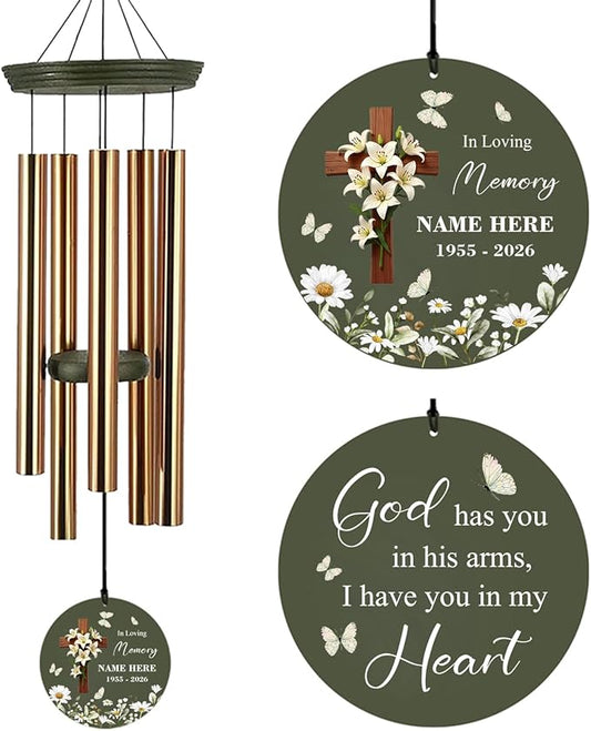 Personalized Wind Chimes, 36inch Custom Sympathy Words for Loss of Loved Dad/Mom, Daisy Memorial Gifts Keepsake, Decorative Wind Chime Outdoor Decor (Produced in USA)