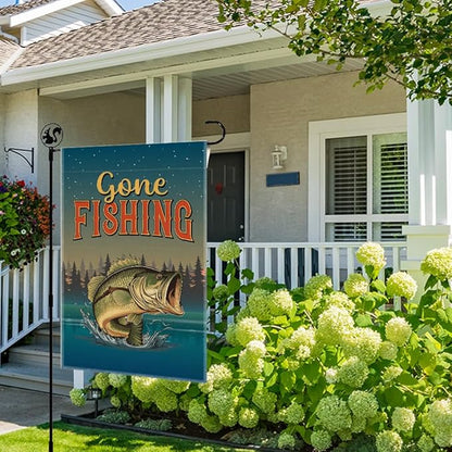 Gone Fishing Garden Flags, 12x18 in Double Sided Farmhouse Outdoor Lawn Decor Yard Flag Gifts, Lake House D閏or, Bass Fishing Banner for Fisherman, Angler Home Flag Gifts for Fisher