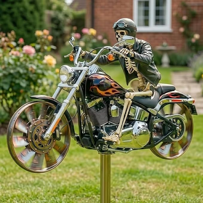 Skeleton Motorcycle Wind Spinner, Biker Skull Windmill Stake with Rotating Wheels for Patio Yard Garden, Unique Resin Outdoor Sculptures Ornament Gift for Friends Motorcycle Lovers