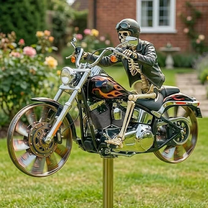 Skeleton Motorcycle Wind Spinner, Biker Skull Windmill Stake with Rotating Wheels for Patio Yard Garden, Unique Resin Outdoor Sculptures Ornament Gift for Friends Motorcycle Lovers