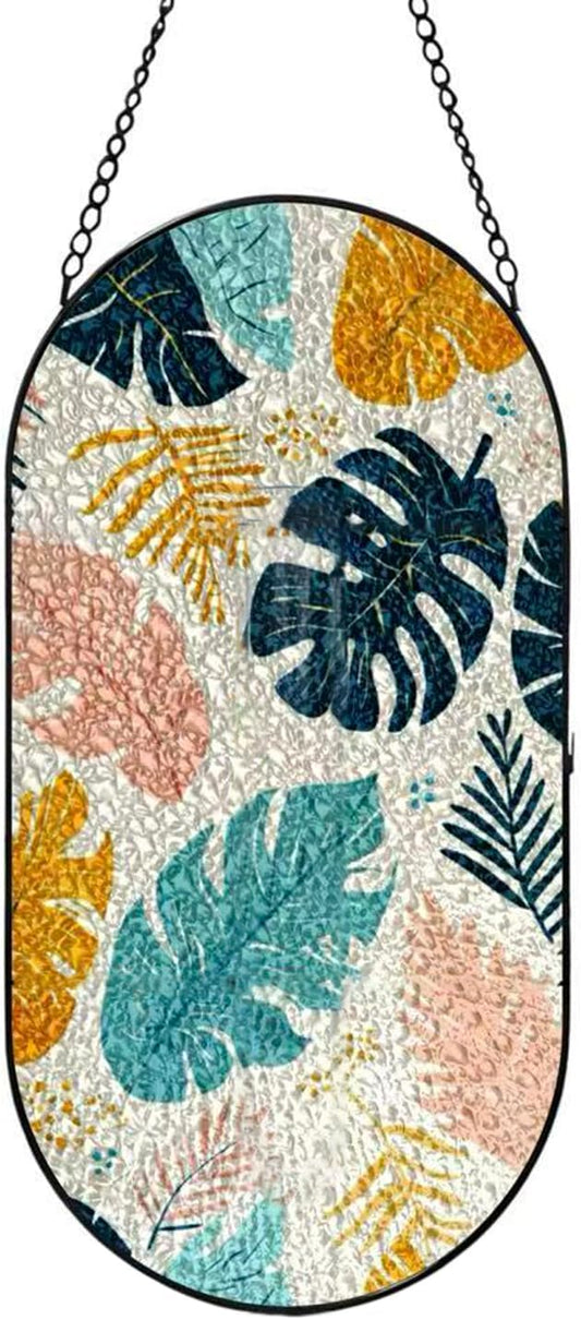 Stained Glass Window Hanging, Tropical Monstera Leaves Sun Catcher for Wall Door Home Entryway Garden Art Office Decor, Gifts for Women, Men, Wife, Mom, Birthday, Holiday