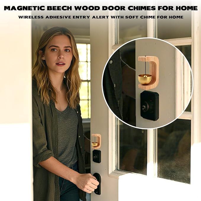 2Pcs Magnetic Wooden Doorbell with Brass Bell, Beech Wood Entry Alert Chime for Home and Office, Decorative Shopkeepers Bell for Retail Shop, Minimalist Door Opening Bell with Adhesive Backing