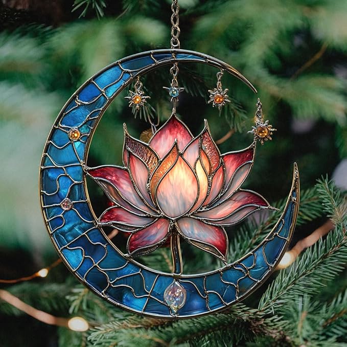 Vivid Lotus Moon with Tiffany Stars Acrylic Suncatcher Stained Glass Effect Window Car Hanging Christmas Ornament Indoor Outdoor Decor Garden Sun Catcher Panel for Lotus Lover for Women Mom Grandma