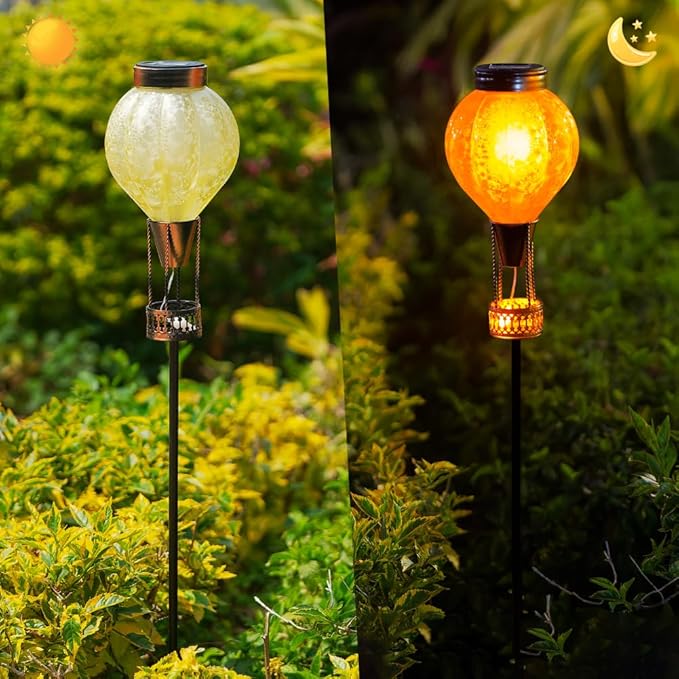 Outdoor Solar Lights Waterproof with Hot Air Balloon, Flickering Flame Solar Garden Light Glass Landscape Lamp, Stake Lights Outside Decor for Pathway Walkway Yard Patio