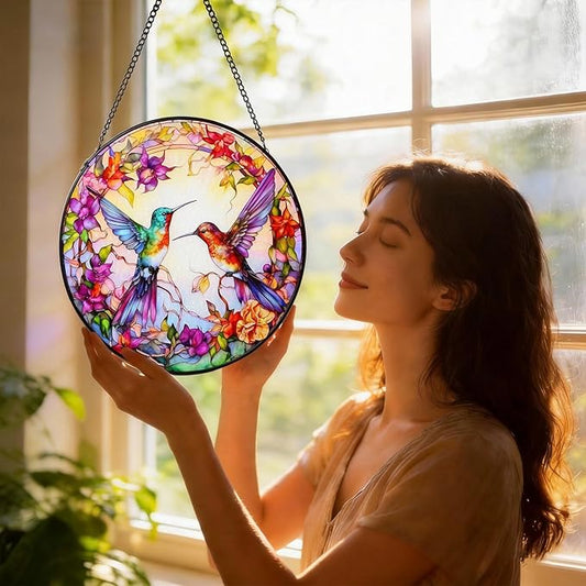 Stained Glass Window Hanging Hummingbird Sun Catcher Indoor and Outdoor, Window Garden Decor Art, Stained Glass Suncathers, Hummingbird Gifts for Women,Mom, Grandma and Wife 7.8’’ Purple