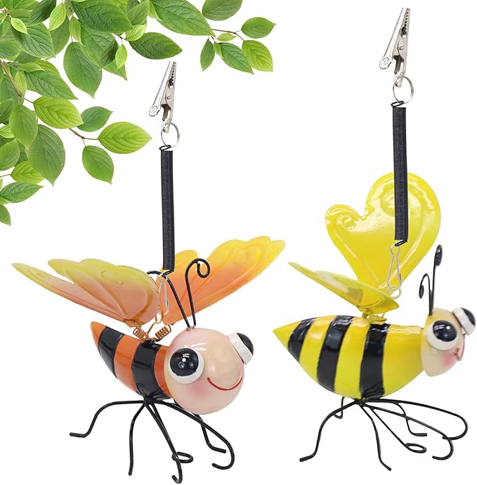 Decorative Garden Bee Sculptures, Yellow and Orange Metal Hanging Outdoor Statues (2)