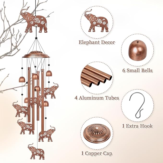 YHmall Elephant Wind Chimes for Outside, 35" Elephant Gifts for Women Men Metal Elephants Decor Windchimes Outdoors Memorial Wind Chime, for Home Garden Outdoor Yard Decor