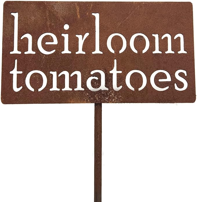 Classic Metal Garden Markers 19 Inches Tall (heirloom tomatoes, Naturally Rusted)