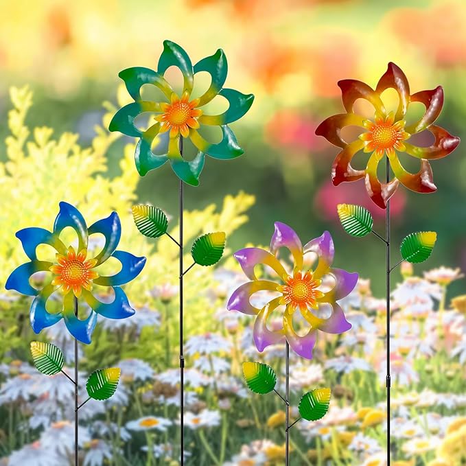 4 Pack Wind Spinners Outdoor, Colorful Metal Flower Windmill, Small Pinwheels Decorative Garden Stakes for Yard Patio Lawn Garden Decor, 27 x 7 Inches