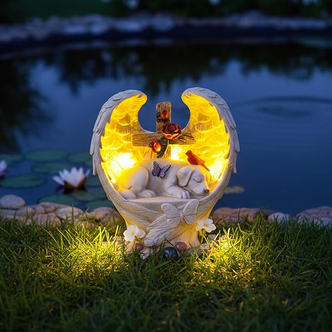 Solar Dog Memorial Stone with Angel Wings Cross Cardinal Passing Away Gifts, Sleeping Pet Grave Markers Dog Loss Sympathy Gift Resin Statue with Solar Lights for Garden Decor