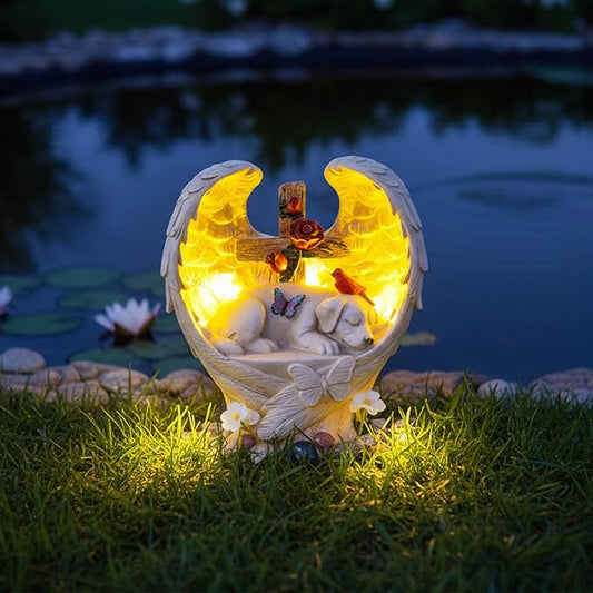 Solar Dog Memorial Stone with Angel Wings Cross Cardinal Passing Away Gifts, Sleeping Pet Grave Markers Dog Loss Sympathy Gift Resin Statue with Solar Lights for Garden Decor