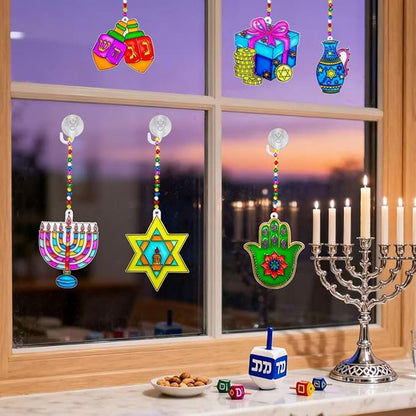 AUEKIV Suncatchers Kit 30Sets Hanukkah Suncatchers Window Art Paint Sun Catcher DIY Craft Kits Chanuka Menorah Dreidel Star Suncatcher Kits for Hanukkah Festival Home Party Activity Decorations
