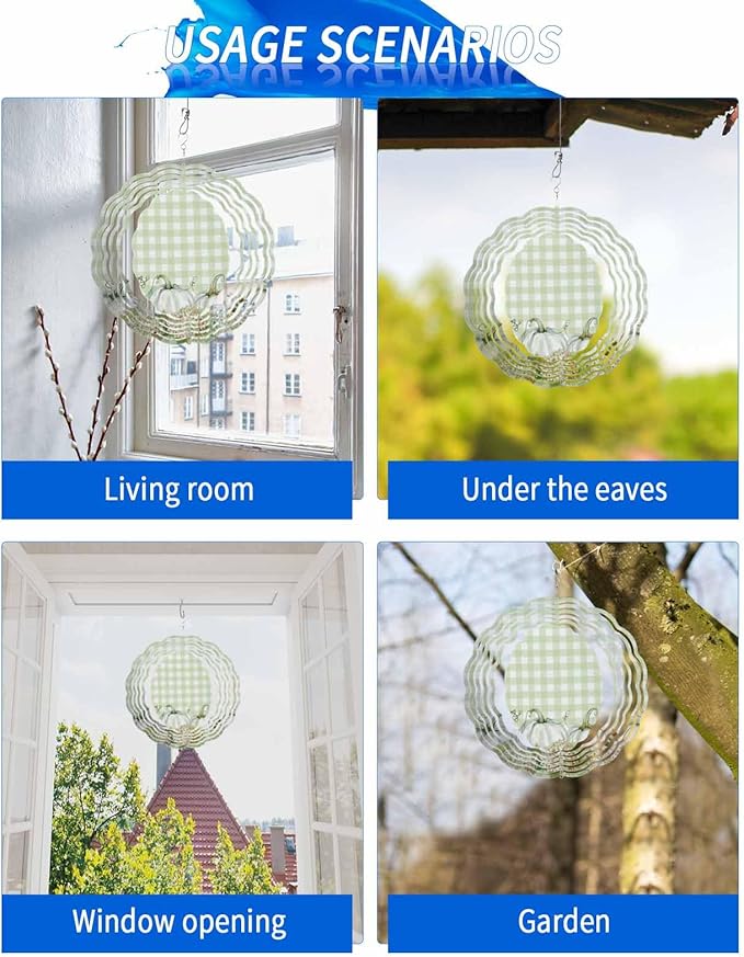 Stainless Steel Wind Spinner for Yard Garden Decoration, Pumpkin Green Hydrangea Plaid Botanical Fall Round Wind Sculpture Spinner 3D Crafts Hanging Ornaments for Indoor Outdoor, 8 Inch
