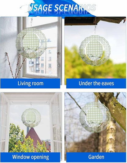 Stainless Steel Wind Spinner for Yard Garden Decoration, Pumpkin Green Hydrangea Plaid Botanical Fall Round Wind Sculpture Spinner 3D Crafts Hanging Ornaments for Indoor Outdoor, 8 Inch