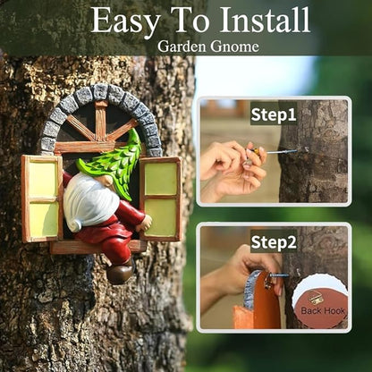Mini Garden Gnomes Elf Out The Door Tree Hugger 5.8" Garden Statue Hanging Garden Gnomes Outdoor Decorations Tree Faces Decor Outdoor for Fairy Garden Patio Lawn Porch (Red
