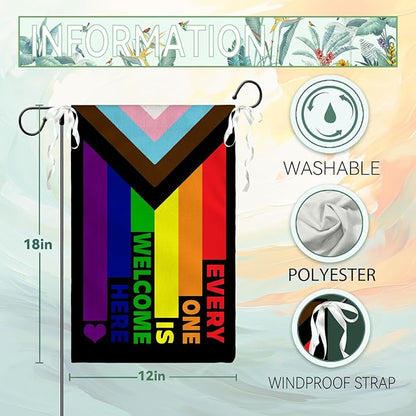 Progress Pride Rainbow Garden Flag Every One Is Welcome Here Yard Flag LGBTQ Gay Lesbian Bisexual Non Binary Transgender House Flag All Inlcusive Vivid Color Garden Flags 12x18 Inch