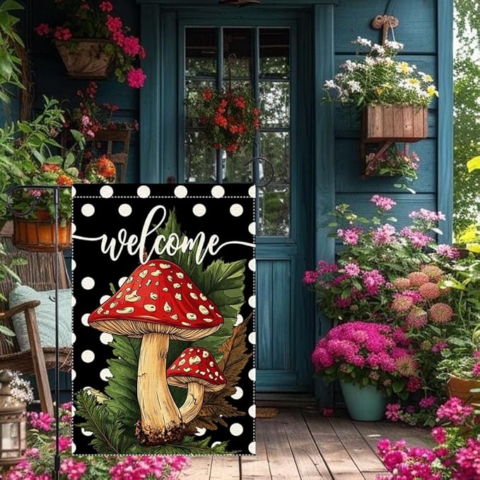 Welcome Spring Summer Garden Flag Polka Dots mushrooms Garen Flags 12x18 inch Double Sided Vertical Burlap Outdoor Lawn Patio Rustic Farmhouse Decor
