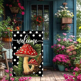 Welcome Spring Summer Garden Flag Polka Dots mushrooms Garen Flags 12x18 inch Double Sided Vertical Burlap Outdoor Lawn Patio Rustic Farmhouse Decor