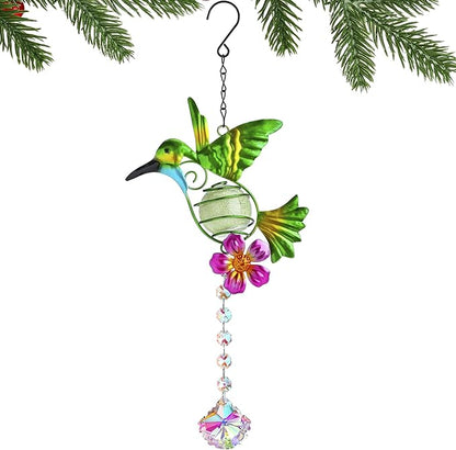 Stained Metal Hummingbird Suncatcher, Window Crystal Prisms Sun Catcher Hanging Ornament Rainbow Maker Bird Garden Wall Art Fence Decorations