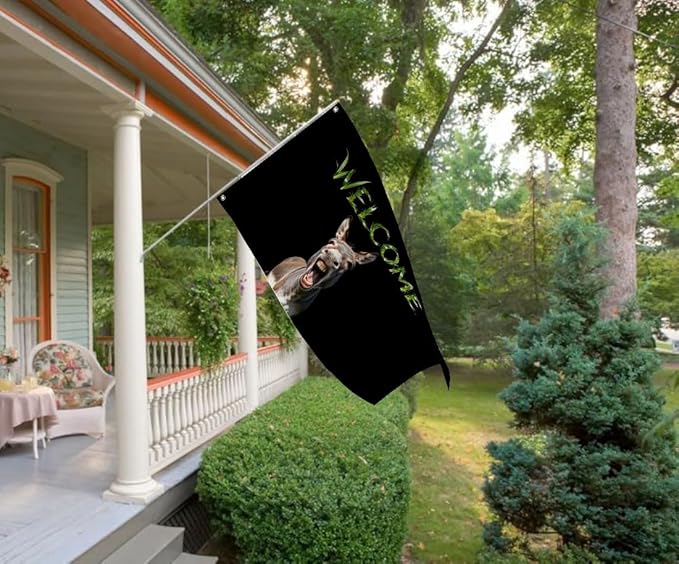Donkey Welcome Flag 3X5FT, Farm House Flags, Donkey Meme Banner,Both Sides Printed, Men Women Banner,Vibrant Colors, Double Stitched with 2 Brass Grommets, Bar Garden Street Decoration, GYM, Office Decor,Indoor Outdoor Use,Gifts. (Donkey, 3x5ft)