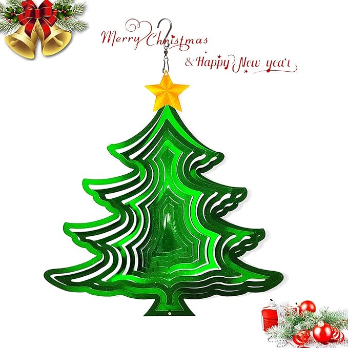 FONMY Wind Spinner 3D Stainless Steel Christmas Decoration Garden Decoration Indoor Outdoor Hanging Ornament Worth Gift 12inch Christmas Tree Metal Wind Spinners