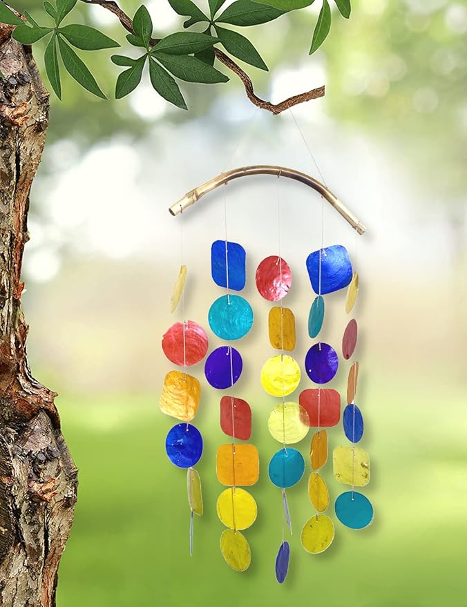 Capiz Wind Chime for Outside – Colorful Shell Windchime Outdoor Mobile Garden Patio Décor Gift 18” Long