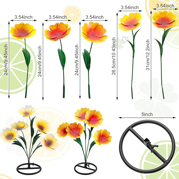 Yaocom 2 Pack Metal Flowers for Outdoor, Decorative Garden Stakes Yard Art, Outdoor Spring Garden Stake Summer Decor Bouquet of Poppy Flower Rustic Handcrafted Items for Lawn Porch Fence(Yellow)