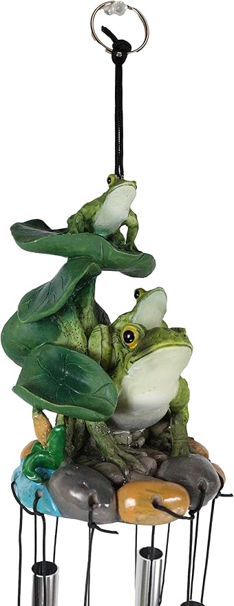 Ebros Gift Whimsical Summer Adventures Green Frog Mother with Babies Family Crouching On Lily Pads by Pond Resonant Tube Wind Chime Sculpture Outdoors Garden Lawn Patio Home Pool Deck Accent Decor
