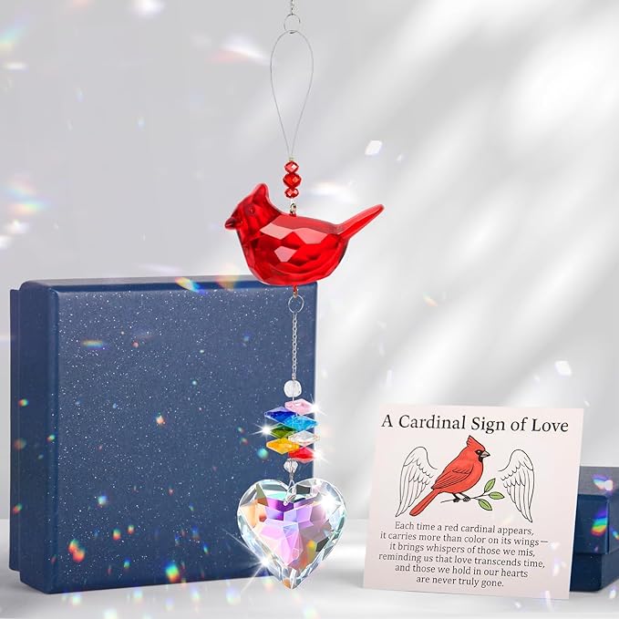 Red Cardinal Bird Window Sun Catcher – Valentines Day Handmade Bird Lover Window Hanging Décor with Suction Cups for Home & Garden - Memorial Cardinal Gifts for Women, Mom,Grandma (C)