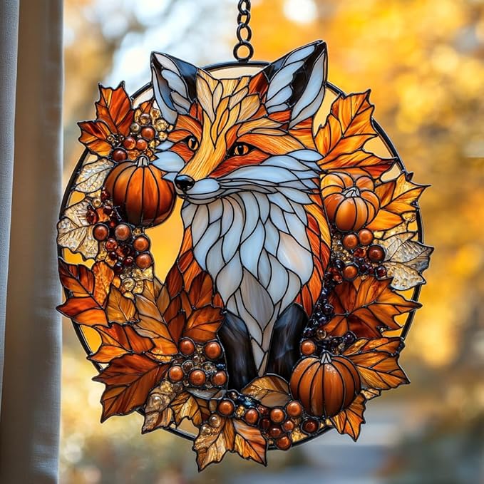 Autumn Cute Fox Acrylic Suncatcher Stained Glass Effect Window Car Hanging Christmas Ornament Indoor Outdoor Decor Garden Sun Catcher Panel for Fox Lover for Women Mom Grandma