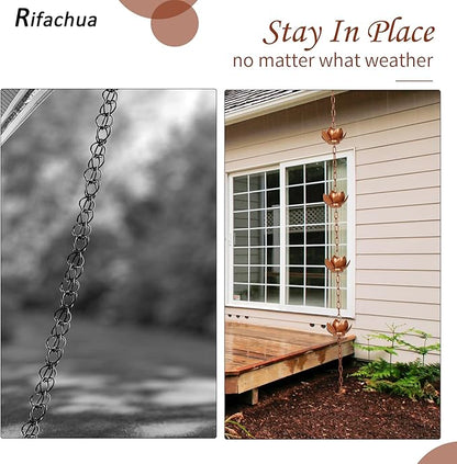 Rifachua 8.5ft 12 Cups Blue Plated Lotus Rain Chain for Gutters Downspouts Outside with Rain Chain Anchor Anchoring Stake Base Copper