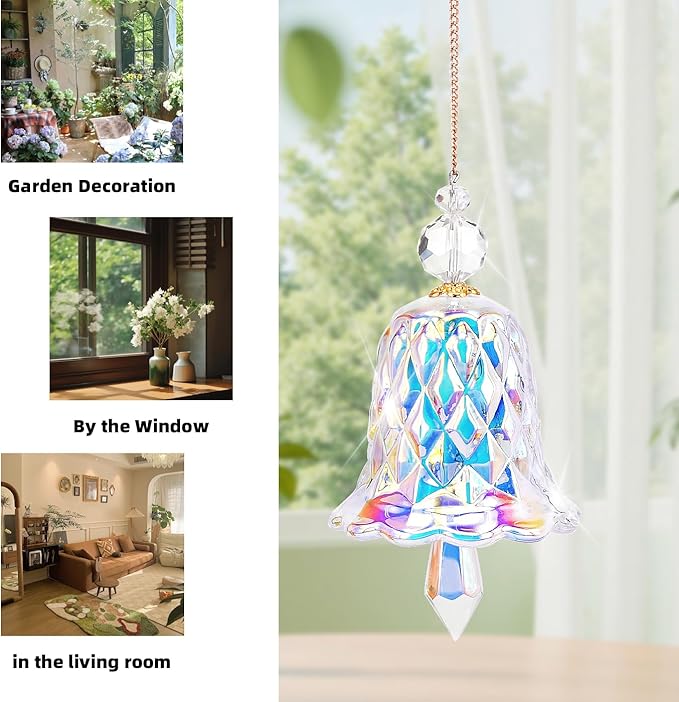 Crystal Bell Suncatcher, Iridescent Rainbow Glass, Hanging Window Decoration (AB, 4"(10cm))