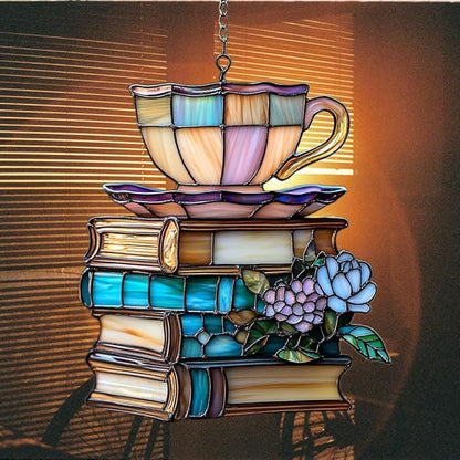 Flowers Book and Tea Acrylic Suncatcher Stained Glass Effect Window Car Hanging Christmas Ornament Indoor Outdoor Decor Garden Sun Catcher Panel for Book Lover for Women Mom Grandma