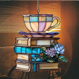 Flowers Book and Tea Acrylic Suncatcher Stained Glass Effect Window Car Hanging Christmas Ornament Indoor Outdoor Decor Garden Sun Catcher Panel for Book Lover for Women Mom Grandma